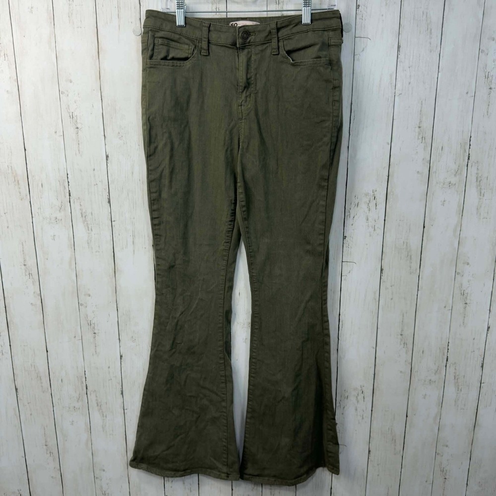 SO Junior's High Rise Flare Jeans Olive Green‎ Stretch Y2K Inspired Size 11/30W
